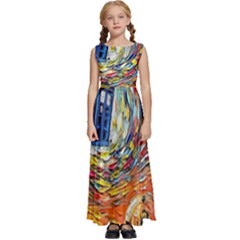 Tardis Starry Night Doctor Who Van Gogh Parody Kids  Satin Sleeveless Maxi Dress by Modalart