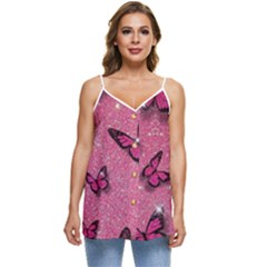 Pink Glitter Butterfly Casual Spaghetti Strap Chiffon Top by Modalart