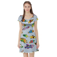 Fish Ocean Sea Water Diving Blue Short Sleeve Skater Dress by Modalart