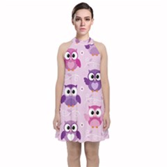 Seamless Cute Colourfull Owl Kids Pattern Velvet Halter Neckline Dress  by Bedest