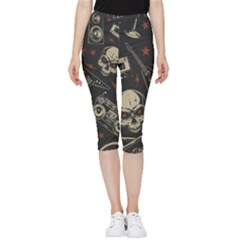 Grunge Seamless Pattern With Skulls Inside Out Lightweight Velour Capri Leggings  by Bedest