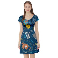 Seamless Pattern Vector Submarine With Sea Animals Cartoon Short Sleeve Skater Dress by Bedest