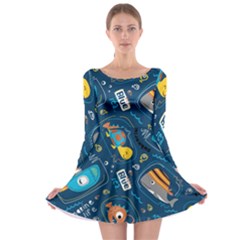 Seamless Pattern Vector Submarine With Sea Animals Cartoon Long Sleeve Skater Dress by Bedest