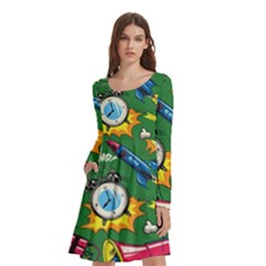 Pop Art Colorful Seamless Pattern Long Sleeve Knee Length Skater Dress With Pockets by Bedest