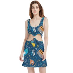 Seamless Pattern Vector Submarine With Sea Animals Cartoon Velour Cutout Dress by Bedest