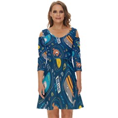 Seamless Pattern Vector Submarine With Sea Animals Cartoon Shoulder Cut Out Zip Up Dress by Bedest