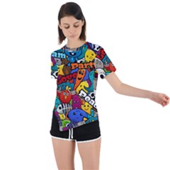 Graffiti Characters Seamless Pattern Asymmetrical Short Sleeve Sports T-shirt by Bedest