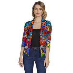 Graffiti Characters Seamless Pattern Women s Draped Front 3/4 Sleeve Shawl Collar Jacket by Bedest