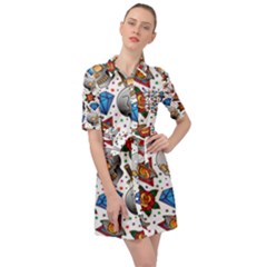 Full Color Flash Tattoo Patterns Belted Shirt Dress by Bedest