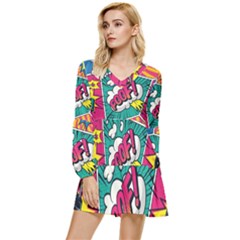 Comic Colorful Seamless Pattern Tiered Long Sleeve Mini Dress by Bedest