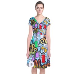 Graffiti Characters Seamless Patterns Short Sleeve Front Wrap Dress by Bedest