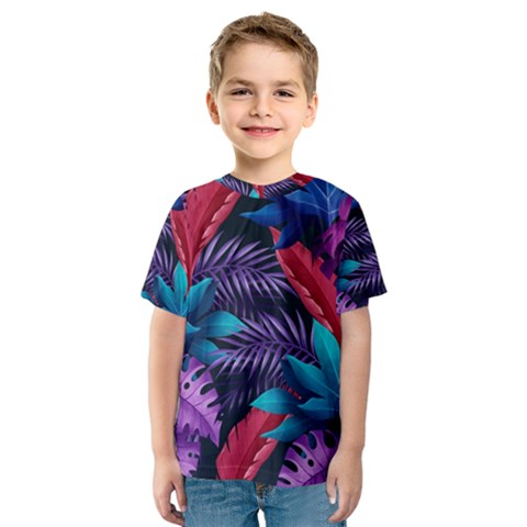 Background With Violet Blue Tropical Leaves Kids  Sport Mesh T-shirt by Bedest