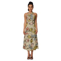 Seamless Pattern With Flower Bird Sleeveless Cross Front Cocktail Midi Chiffon Dress by Bedest