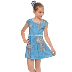 Blue White And Green World Map National Geographic Kids  Cap Sleeve Dress by Pakjumat