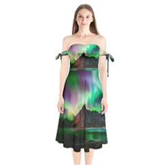 Aurora Borealis Nature Sky Light Shoulder Tie Bardot Midi Dress by Pakjumat