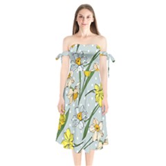 Narcissus Floral Botanical Flowers Shoulder Tie Bardot Midi Dress by Pakjumat