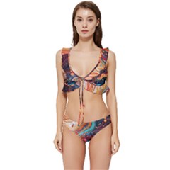 Pattern Abstract Low Cut Ruffle Edge Bikini Set