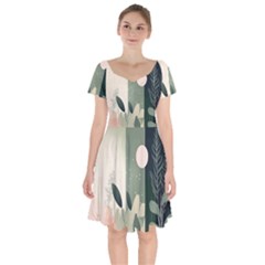 Spring Floral Plants Foliage Minimal Minimalist Short Sleeve Bardot Dress by Pakjumat