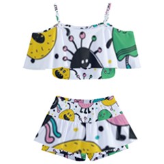 Funny Monster Pattern Kids  Off Shoulder Skirt Bikini by Pakjumat