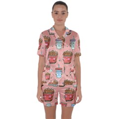 Cute Kawaii Food Seamless Pattern Satin Short Sleeve Pajamas Set by Pakjumat