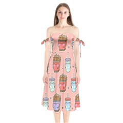 Cute Kawaii Food Seamless Pattern Shoulder Tie Bardot Midi Dress by Pakjumat