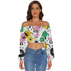 Funny Monster Pattern Long Sleeve Crinkled Weave Crop Top by Pakjumat