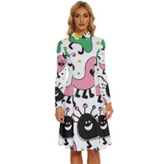 Funny Monster Pattern Long Sleeve Shirt Collar A-line Dress by Pakjumat