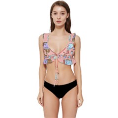 Cute Kawaii Food Seamless Pattern Low Cut Ruffle Edge Bikini Top