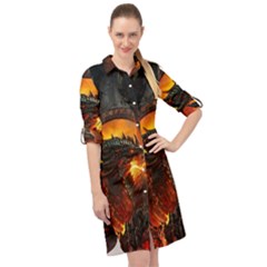 Dragon Fire Fantasy Art Long Sleeve Mini Shirt Dress by Maspions