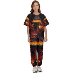 Dragon Fire Fantasy Art Kids  T-shirt And Pants Sports Set by Maspions