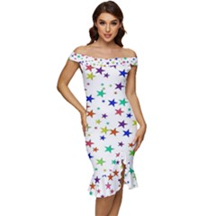 Star Random Background Scattered Off Shoulder Ruffle Split Hem Bodycon Dress by Hannah976