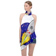 Rocket Ship Launch Vehicle Moon Halter Asymmetric Satin Top by Sarkoni