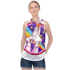 Badge Patch Pink Rainbow Rocket High Neck Satin Top by Sarkoni