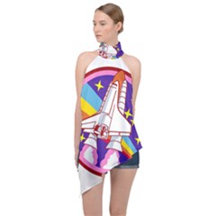 Badge Patch Pink Rainbow Rocket Halter Asymmetric Satin Top by Sarkoni