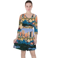 City Buildings Urban Dawn Quarter Sleeve Ruffle Waist Dress by Sarkoni