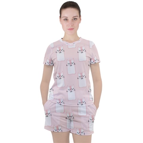 Pattern Pink Cute Sweet Fur Cats Women s T-shirt And Shorts Set by Sarkoni