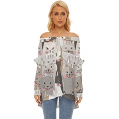 Cute Cats Seamless Pattern Off Shoulder Chiffon Pocket Shirt by Sarkoni