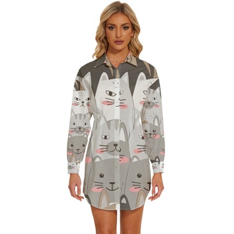 Cute Cats Seamless Pattern Womens Long Sleeve Shirt Dress by Sarkoni