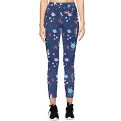 Cute Astronaut Cat With Star Galaxy Elements Seamless Pattern Pocket Leggings  by Grandong