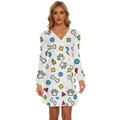 Dog Paw Seamless Pattern Footprint Bone Long Sleeve Waist Tie Ruffle Velvet Dress by Grandong