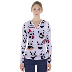 Playing Pandas Cartoons V-neck Long Sleeve Top by Apen