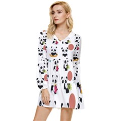 Playing Pandas Cartoons Tiered Long Sleeve Mini Dress by Apen