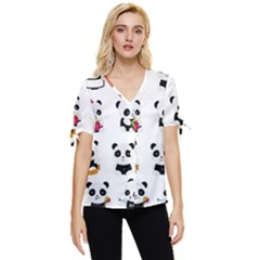 Playing Pandas Cartoons Bow Sleeve Button Up Top by Apen