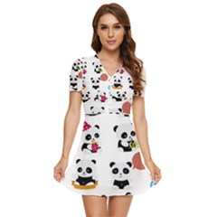 Playing Pandas Cartoons V-neck High Waist Chiffon Mini Dress by Apen