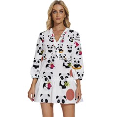 Playing Pandas Cartoons V-neck Placket Mini Dress by Apen