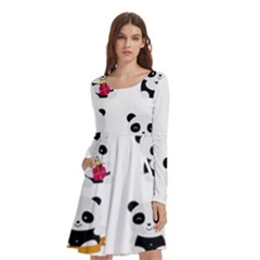 Playing Pandas Cartoons Long Sleeve Knee Length Skater Dress With Pockets by Apen