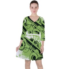 Monster Truck Illustration Green Car Quarter Sleeve Ruffle Waist Dress by Sarkoni