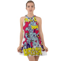 Fresh Urban Cartoon Monster Illustration Cartoon Character Text Halter Tie Back Chiffon Dress by Sarkoni