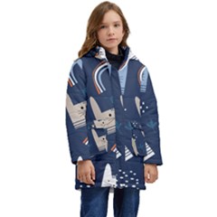 Colorful Cute Cats Seamless Pattern Kids  Hooded Longline Puffer Jacket by Bedest