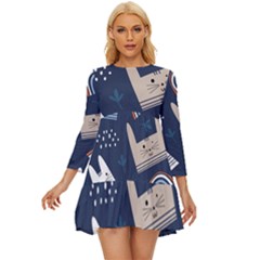 Colorful Cute Cats Seamless Pattern Long Sleeve Babydoll Dress by Bedest